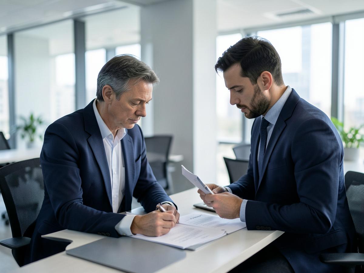 Two advisors reviewing transaction documents in an office